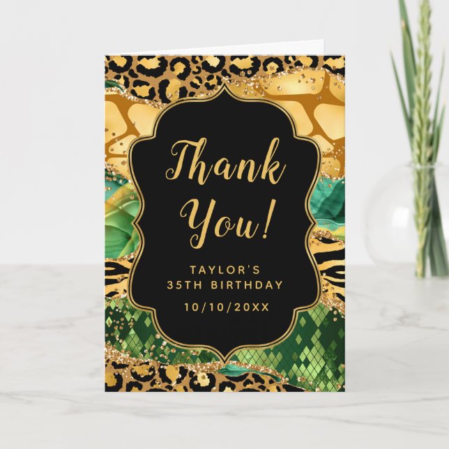 Carte De Remerciements Gold et Green Safari Agate Anniversaire (Devant)