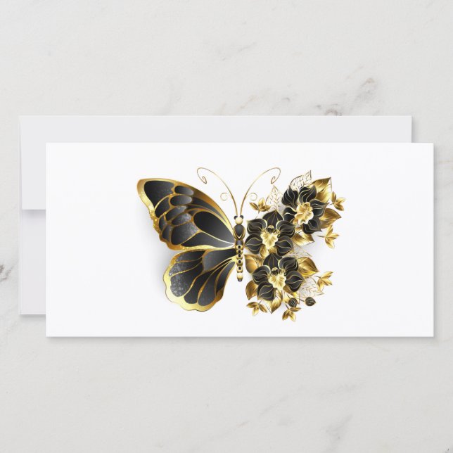 Carte De Remerciements Gold flower Butterfly with Black Orchid (Devant)