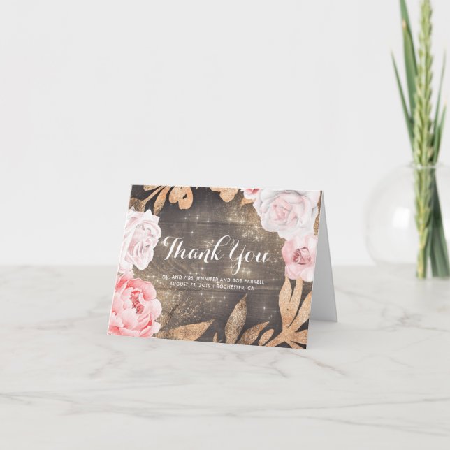 Carte De Remerciements Gold Glitter and Pink Flowers Wedding Thank You (Devant)