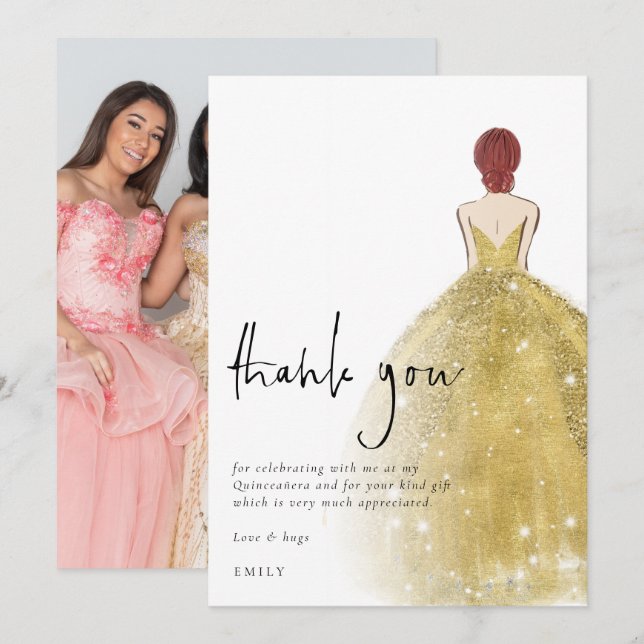 Carte De Remerciements Gold Gown Photo Auburn Quinceañera (Devant / Derrière)