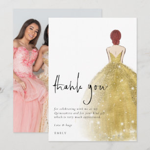 Carte De Remerciements Gold Gown Photo Auburn Quinceañera