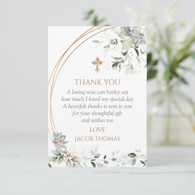 Carte De Remerciements Gold Green Eucalyptus Boy Baptism  (Debout devant)
