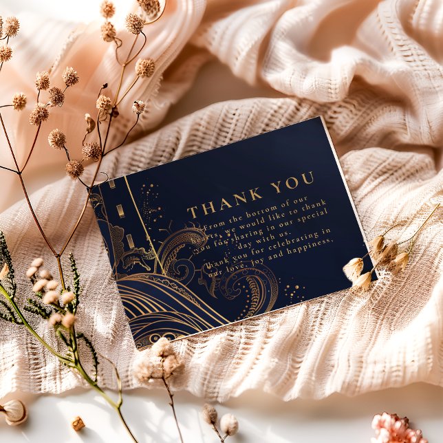 Carte De Remerciements Gold Lighthouse Night Wedding (Créateur téléchargé)