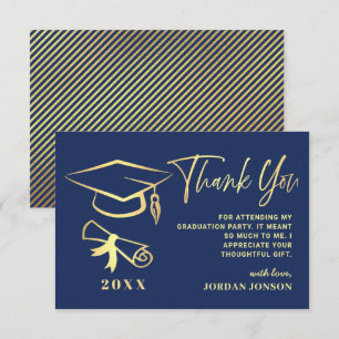 Carte De Remerciements Gold Navy Blue Modern Graduation Party