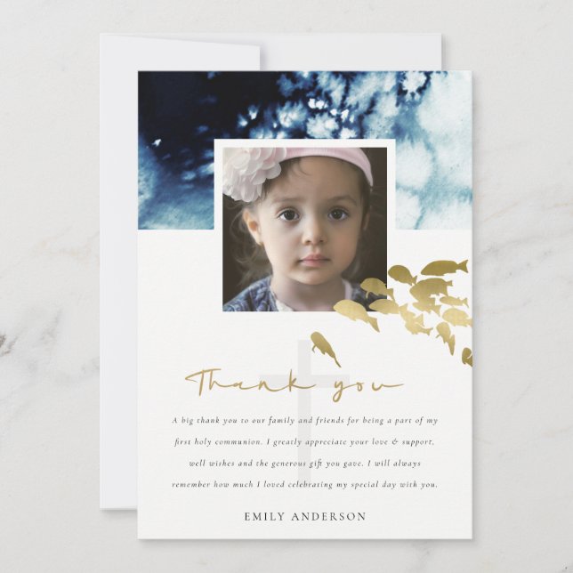 CARTE DE REMERCIEMENTS GOLD NAVY SOUS L'EAU POISSON PHOTO SAINT COMMUNION (Devant)