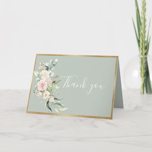 Carte De Remerciements Gold Sage Green Floral Aquarelle Mariage romantiqu (Devant)