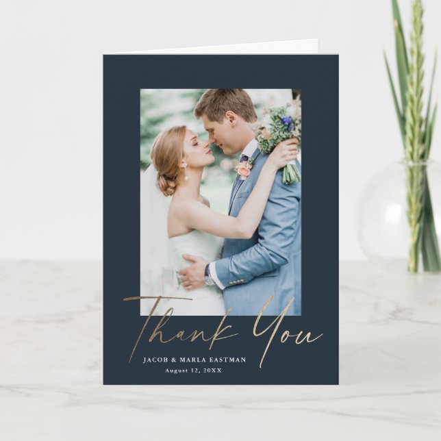 Carte De Remerciements Gold Script Modern Minimal Mariage Photo (Devant)