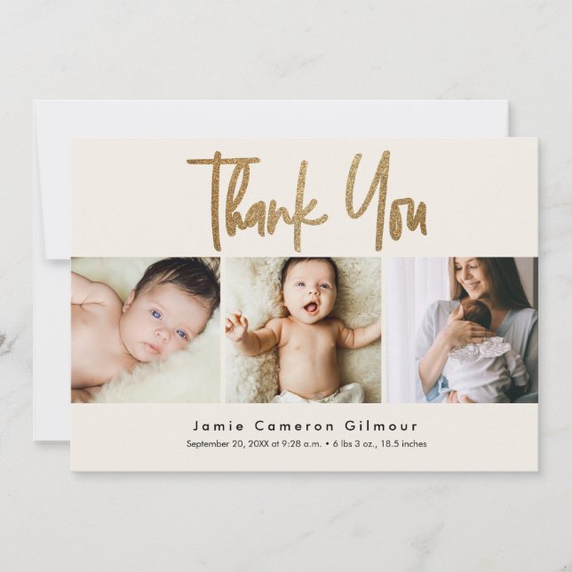 Carte De Remerciements Gold Script Neutral Crème Beige 3 Photos pour bébé (Devant)