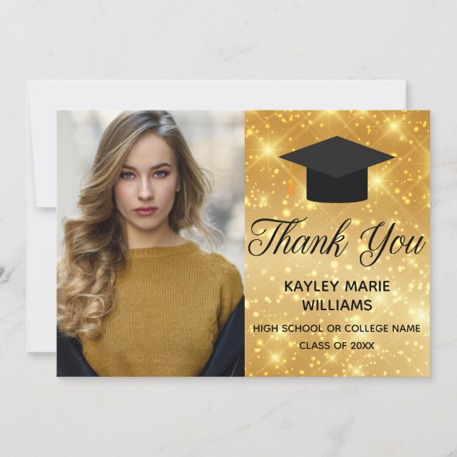 Carte De Remerciements Gold Sparkle Graduation Photo Chic 2023 Graduate (Devant)