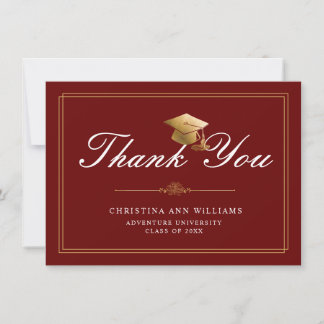 Carte De Remerciements Gold  WhiteScript Grad Cap Red Graduation