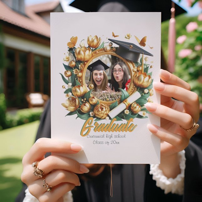 Carte De Remerciements Golden Floral Frontière Photo Graduation Invitatio (Créateur téléchargé)