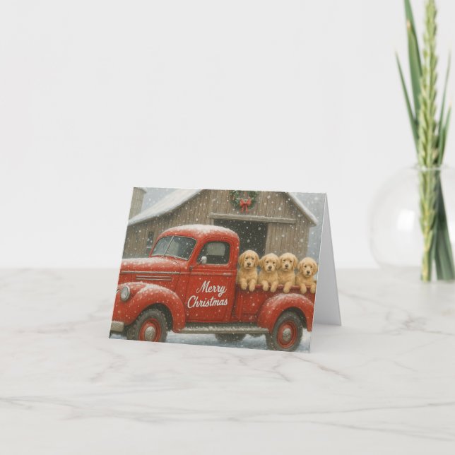 Carte De Remerciements Golden Retriever Puppies in Truck Christmas Card (Devant)