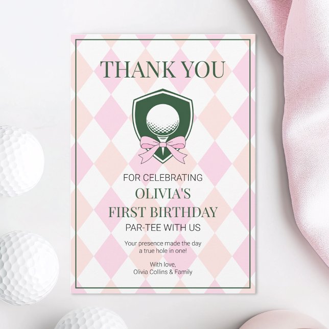 Carte De Remerciements Golf rose Trou moderne en une fille 1er anniversai (Pink Golf Modern Hole In One Girls 1st Birthday Thank You Card)