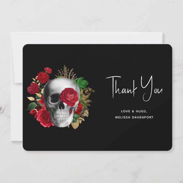 Carte De Remerciements Goth Crâne avec Fleurs rouges et Feuilles d'or (Devant)