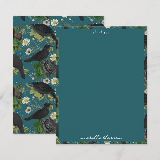 Carte De Remerciements Goth Crows et Roses noirs Profond Turquoise Motif (Devant / Derrière)