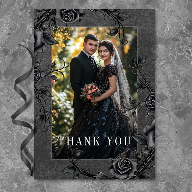 Carte De Remerciements Gothic Black Raven & Black Roses Photo Wedding (Créateur téléchargé)