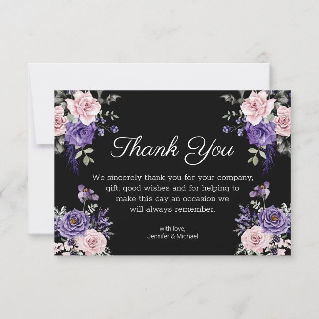 Carte De Remerciements gothique floral violet rose noir halloween mariage (Devant)