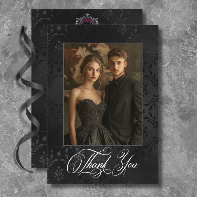 Carte De Remerciements Gothique foncé Noir Floral Satin Damask Vin Mariag (Dark Gothic Black Floral Satin Damask Wine Wedding Thank You Card)