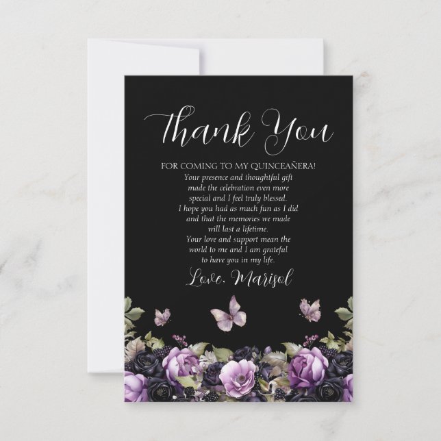Carte De Remerciements Gothique violet et noir Moody Florals Quinceañera (Devant)