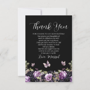 Carte De Remerciements Gothique violet et noir Moody Florals Quinceañera