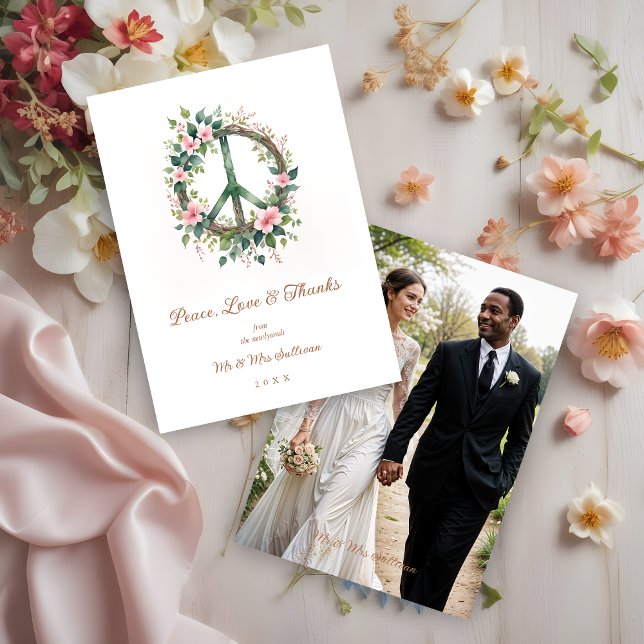 Carte De Remerciements Graceful Floral Wood Peace Symbol Photo Wedding (Graceful and Cherish Floral Wood Peace Symbol Photo Wedding Thank You Card.)