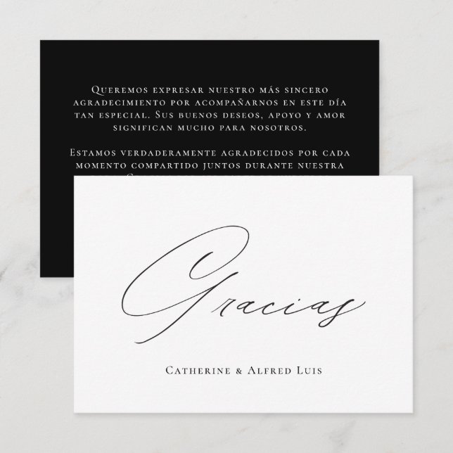 Carte De Remerciements Gracias Élégante calligraphie noir blanc Mariage (Devant / Derrière)