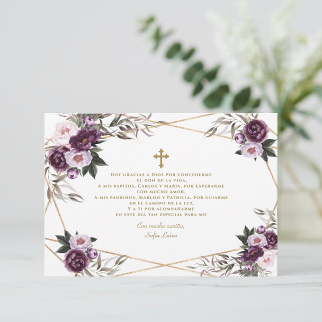 Carte De Remerciements Gracias florales violettes espagnoles Con Oración  (Debout devant)