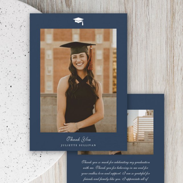 Carte De Remerciements Graduation photo de type minimal (Simple script 2 photo graduation thank you card.)