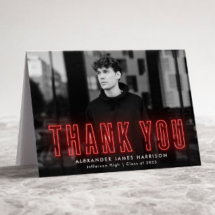 Carte De Remerciements Graduation photo moderne Red Neon