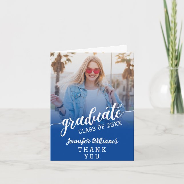 Carte De Remerciements Graduation photo personnalisée en bleu avec messag (Devant)