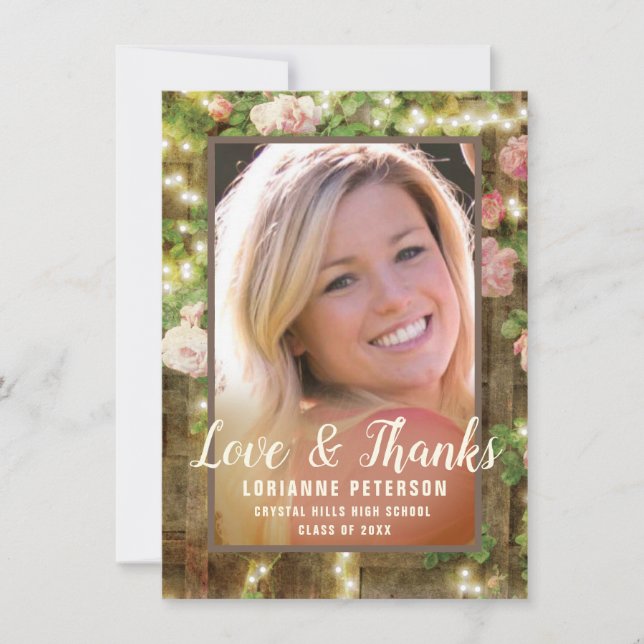 Carte De Remerciements Graduation Rustique Rose Floral Lights Photo (Devant)