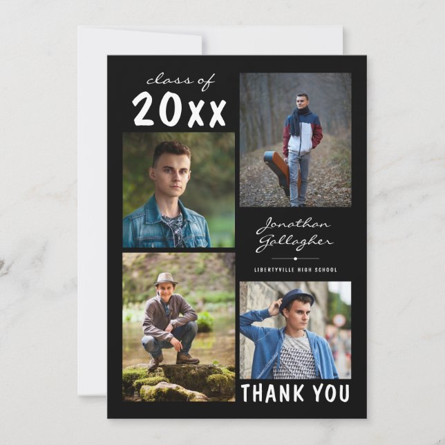 Carte De Remerciements Graduation Script Bold Photo Collage noir (Devant)