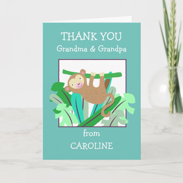 Carte De Remerciements Grand-mère Grand-père Nom Cute Singe Turquoise (Devant)