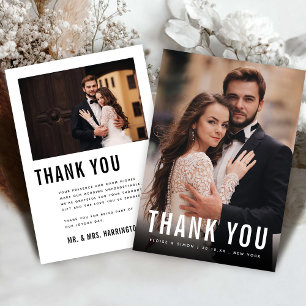 Carte De Remerciements Gras noir blanc moderne minimaliste Mariage photo