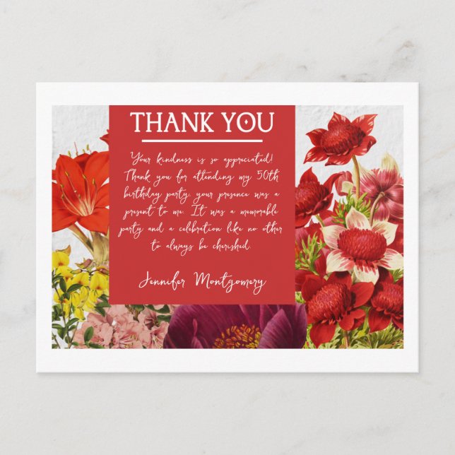 Carte de remerciements gras riche en fleurs rouges (Devant)