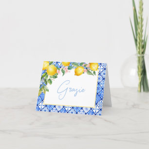 Carte De Remerciements Grazie Lemons Carreaux bleu italien Fête des marié