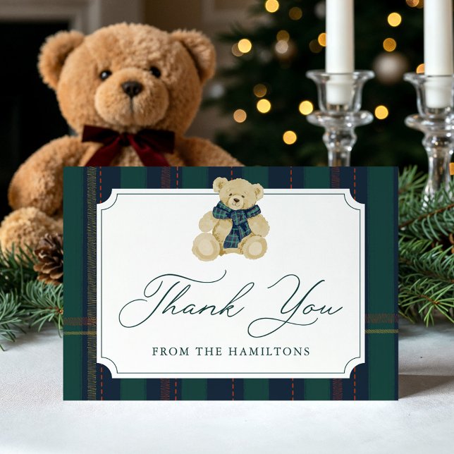 Carte De Remerciements Green and Navy Plaid Teddy Bear Baby Shower (Créateur téléchargé)