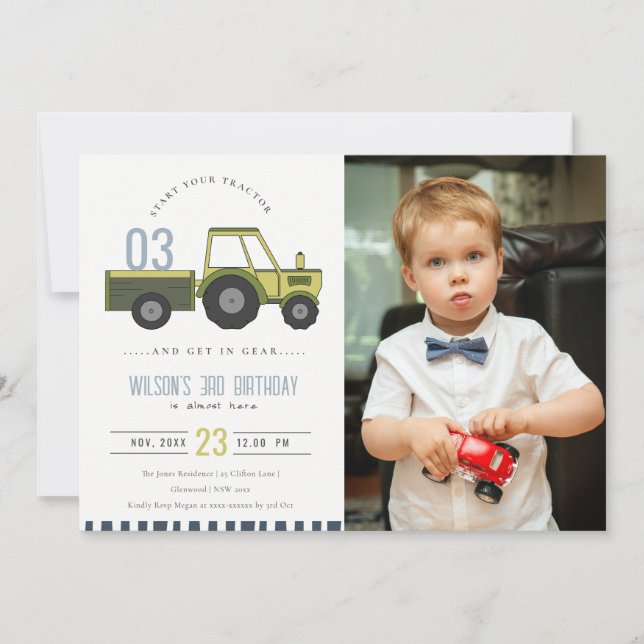 Carte De Remerciements Green Blue Farm Tracteur Enfants Photo Anniversair (Devant)