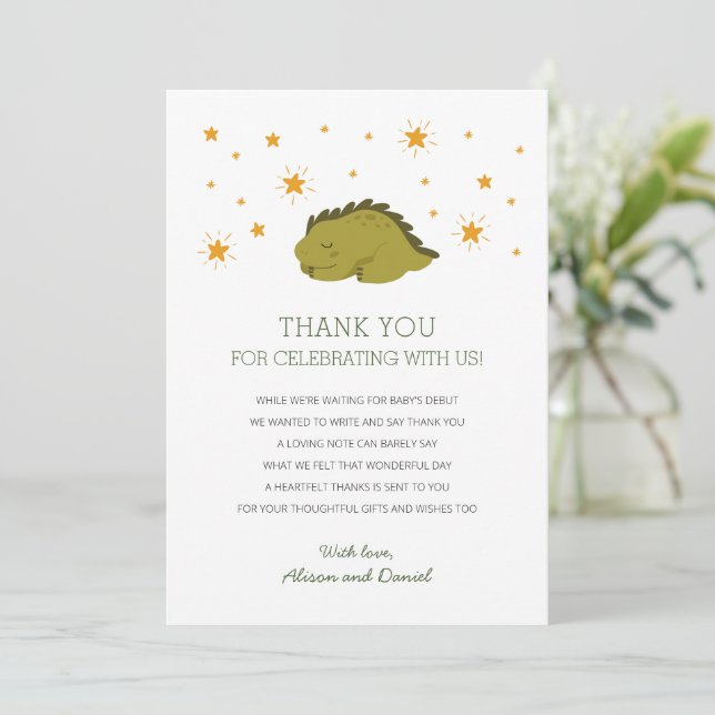 Carte De Remerciements Green Dinosaur Stars Baby shower neutre genre (Debout devant)