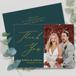 Carte De Remerciements Green Elegant Gold Script Mariage photo moderne