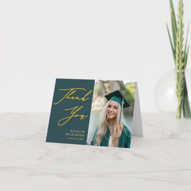 Carte De Remerciements Green Elegant Gold Script Simple Photo Graduation (Devant)