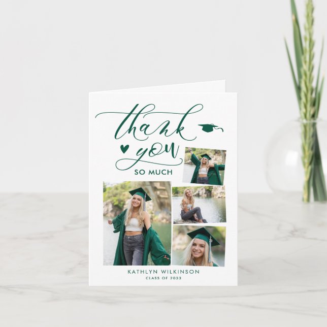 Carte De Remerciements Green Elegant Script 4 Photo Collage Graduation (Devant)
