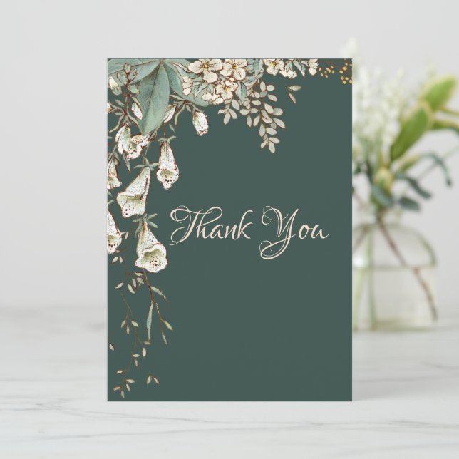 Carte De Remerciements Green Floral Garland Script Mariage élégant (Debout devant)