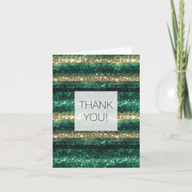 Carte De Remerciements Green Glitter Glam Gold Stripes Thank you (Devant)