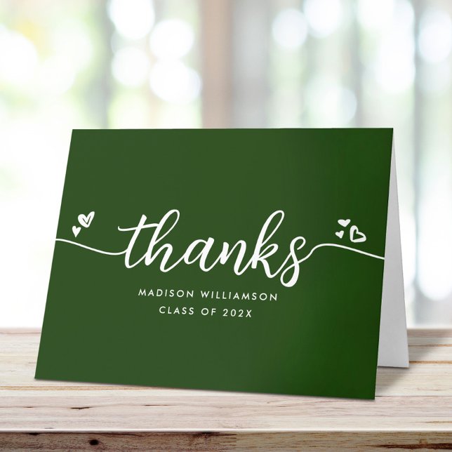 Carte De Remerciements Green Graduation Chic Moderne Élégant Script Coeur (Créateur téléchargé)