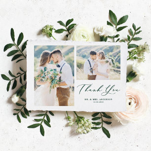 Carte De Remerciements Green Whimsical Calligraphy Photo Collage Mariage