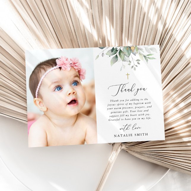 Carte De Remerciements Greenery, Eucalyptus Leaves, Boho, Baptism (Créateur téléchargé)