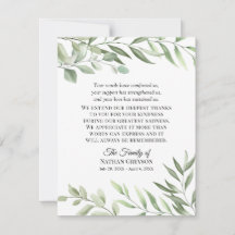 Greenery Funeral Sympathy Thank You Note Card