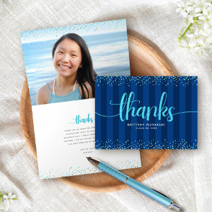 Carte De Remerciements Grille de script de parties scintillant turquoise 