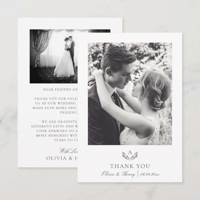 Carte De Remerciements Gris Simple Élégant Monogramme Mariage 2 Photo (Devant / Derrière)